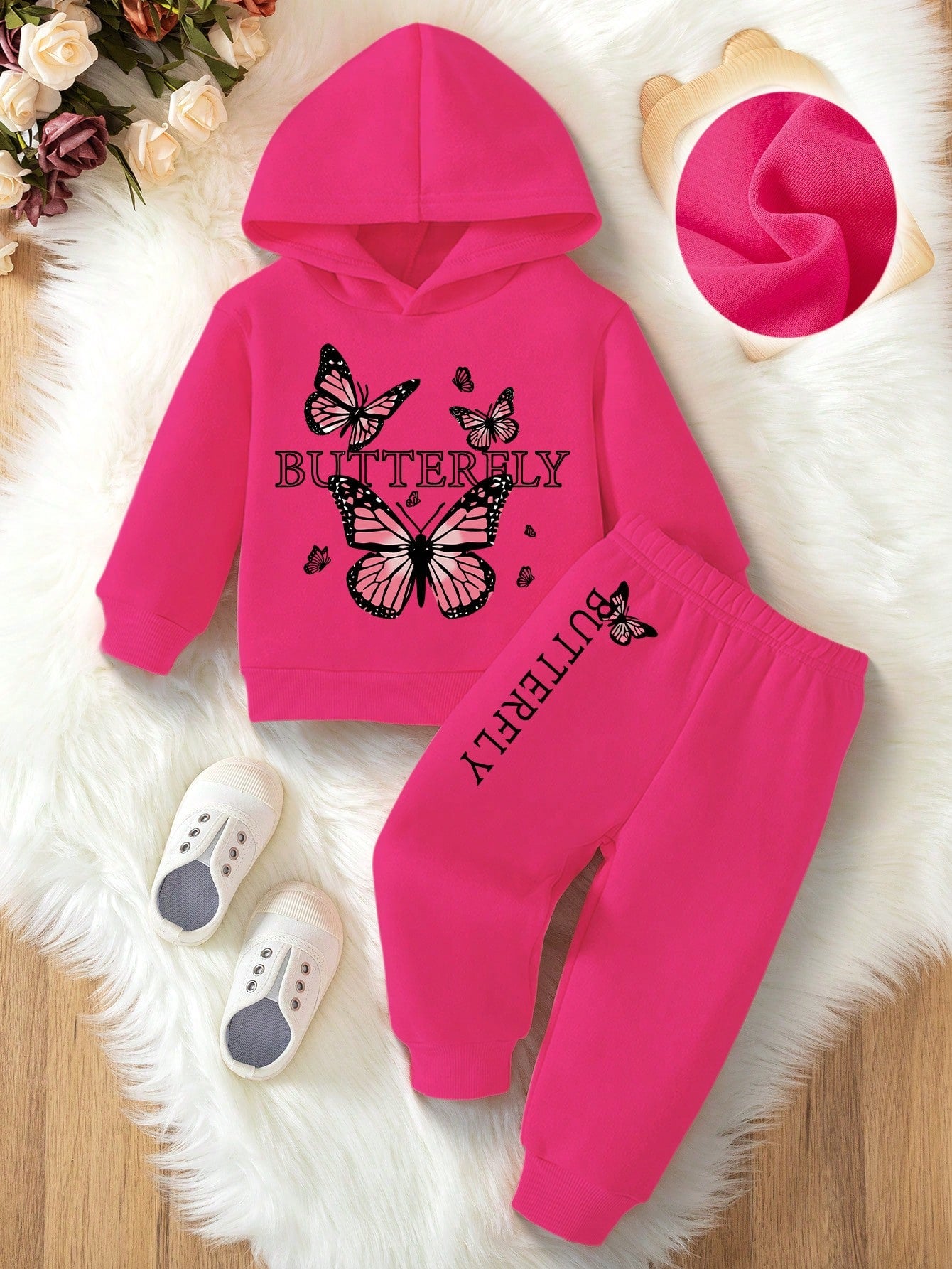 2pcs/Set Baby Girl Adorable Butterfly & Letter Print Hooded Sweatshirt And Pants Set, Casual Warm Outfit For Autumn/Winter