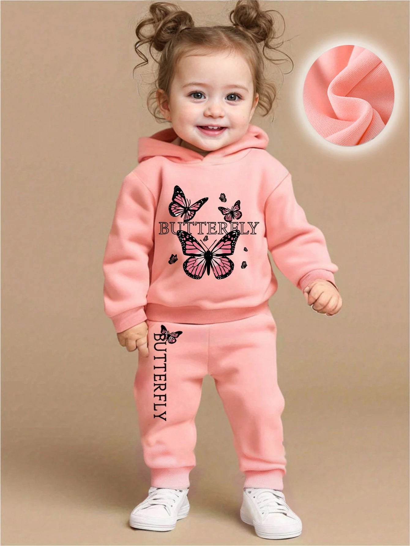2pcs/Set Baby Girl Adorable Butterfly & Letter Print Hooded Sweatshirt And Pants Set, Casual Warm Outfit For Autumn/Winter