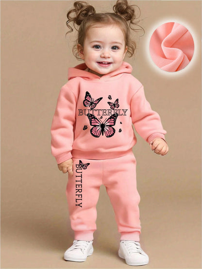 2pcs/Set Baby Girl Adorable Butterfly & Letter Print Hooded Sweatshirt And Pants Set, Casual Warm Outfit For Autumn/Winter