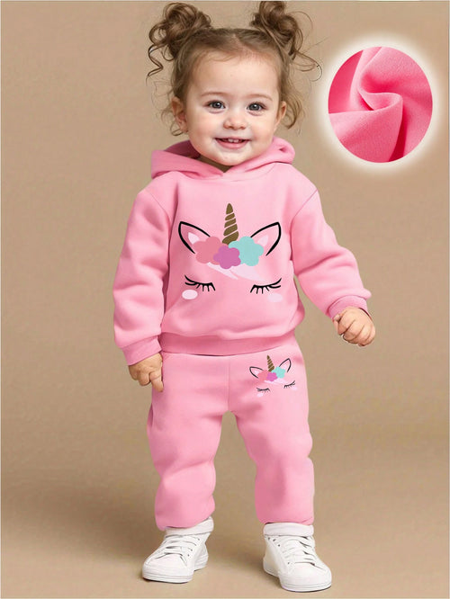 2pcs/Set Baby Girl Cute Unicorn Print Simple Fleece Hoodie Sweatshirt And Pants Set, Autumn/Winter