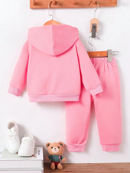 2pcs/Set Baby Girl Cute Unicorn Print Simple Fleece Hoodie Sweatshirt And Pants Set, Autumn/Winter