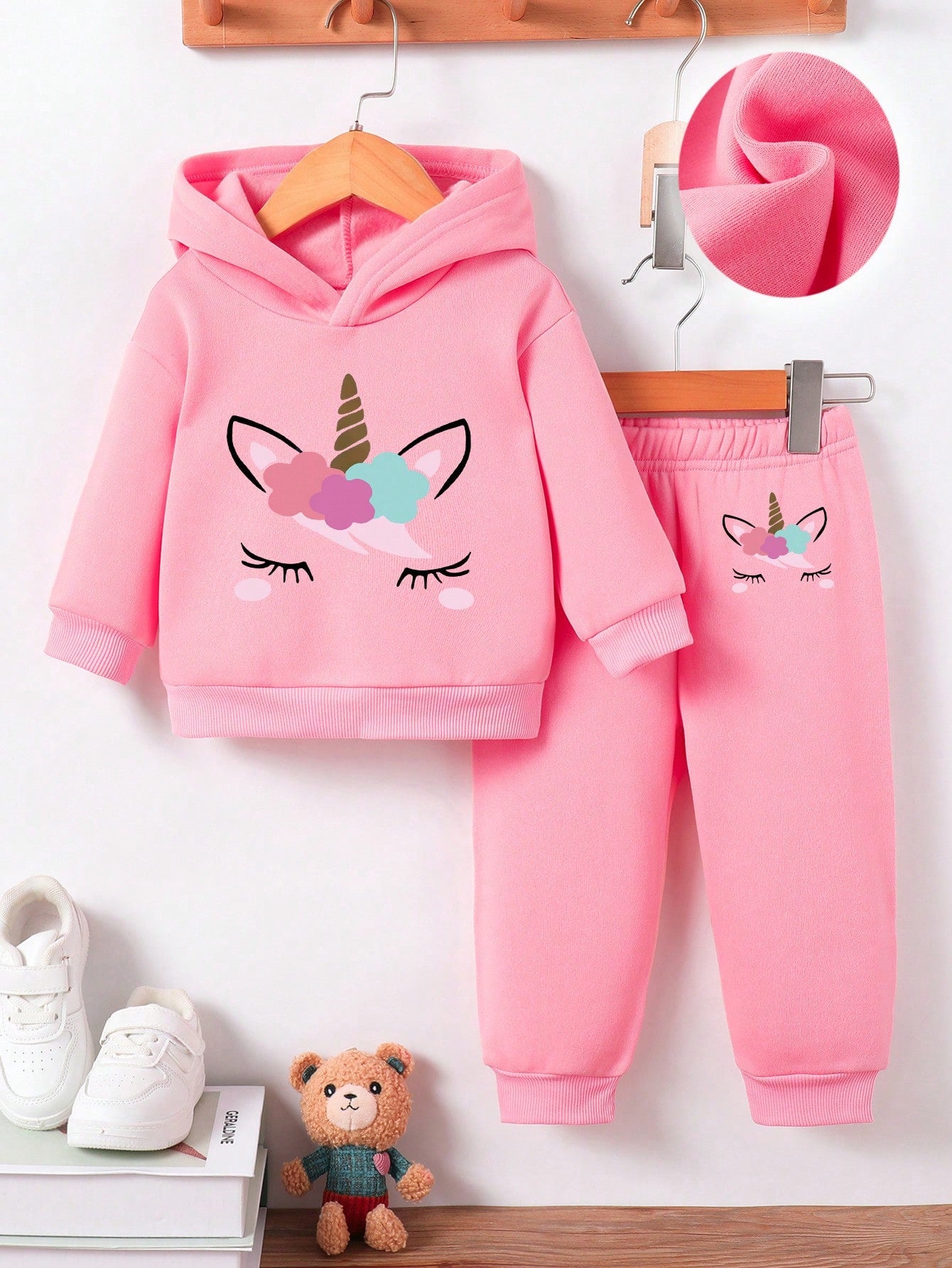2pcs/Set Baby Girl Cute Unicorn Print Simple Fleece Hoodie Sweatshirt And Pants Set, Autumn/Winter