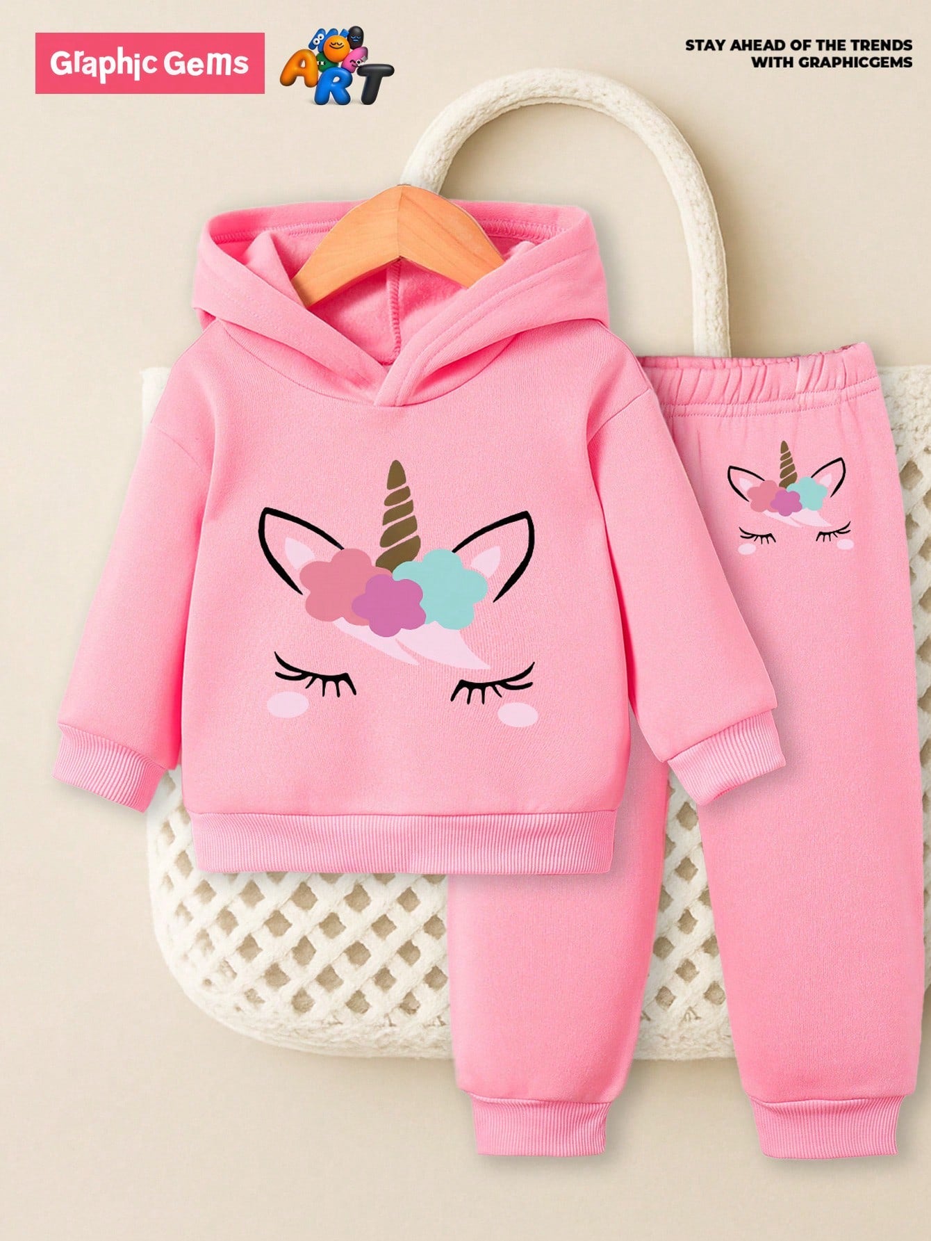 2pcs/Set Baby Girl Cute Unicorn Print Simple Fleece Hoodie Sweatshirt And Pants Set, Autumn/Winter