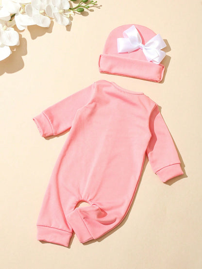 2Pcs Set Newborn Baby Girl Photography Romper Embroidery Jumpsuit With Ribbon Bowknot Hat Pink Autumn Funny Graphic Family Matching Christening Outfit