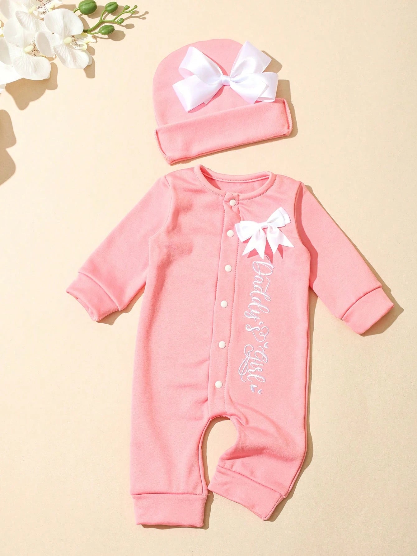 2Pcs Set Newborn Baby Girl Photography Romper Embroidery Jumpsuit With Ribbon Bowknot Hat Pink Autumn Funny Graphic Family Matching Christening Outfit