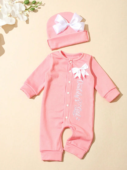 2Pcs Set Newborn Baby Girl Photography Romper Embroidery Jumpsuit With Ribbon Bowknot Hat Pink Autumn Funny Graphic Family Matching Christening Outfit