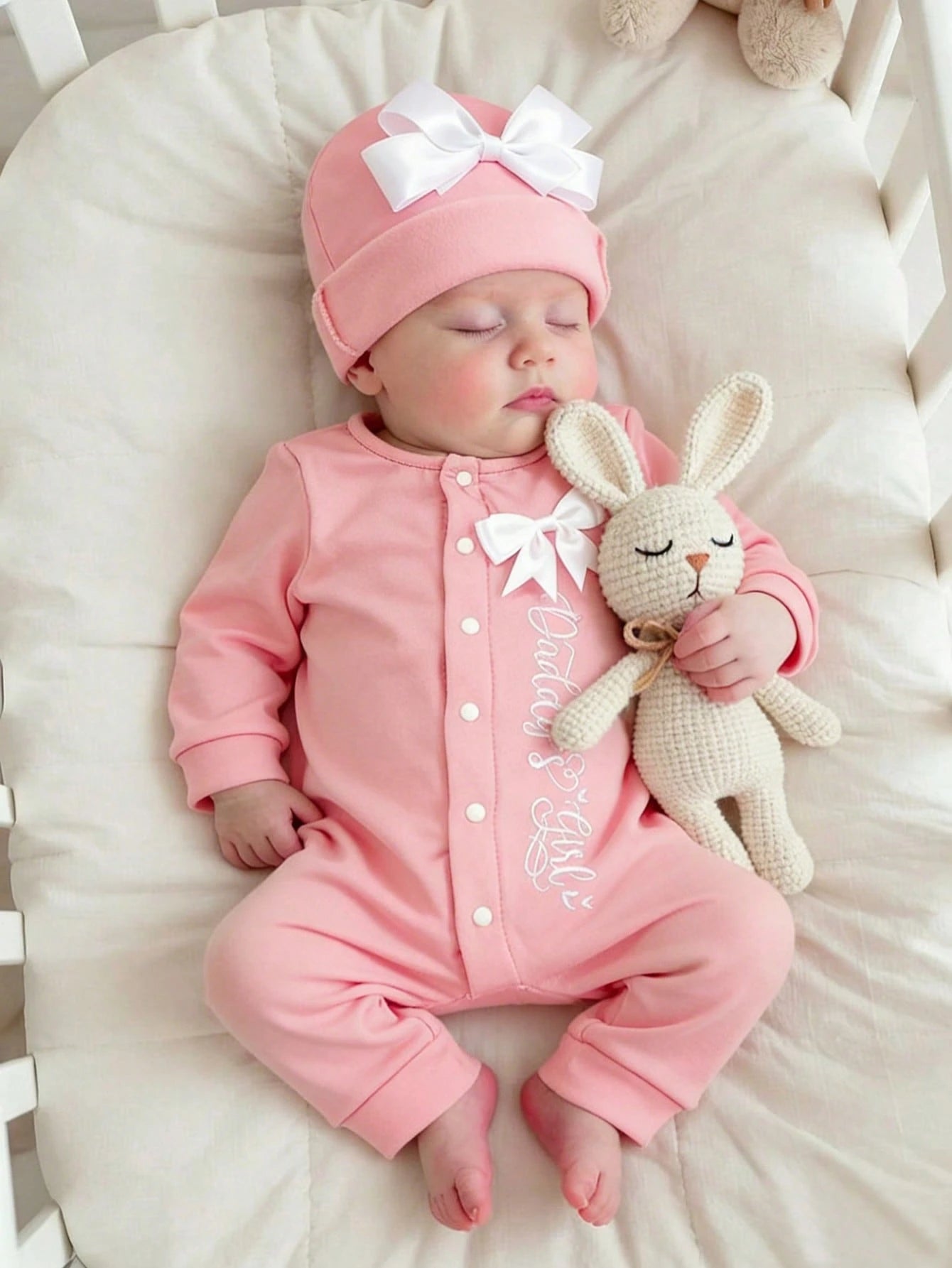 2Pcs Set Newborn Baby Girl Photography Romper Embroidery Jumpsuit With Ribbon Bowknot Hat Pink Autumn Funny Graphic Family Matching Christening Outfit