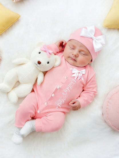 2Pcs Set Newborn Baby Girl Photography Romper Embroidery Jumpsuit With Ribbon Bowknot Hat Pink Autumn Funny Graphic Family Matching Christening Outfit