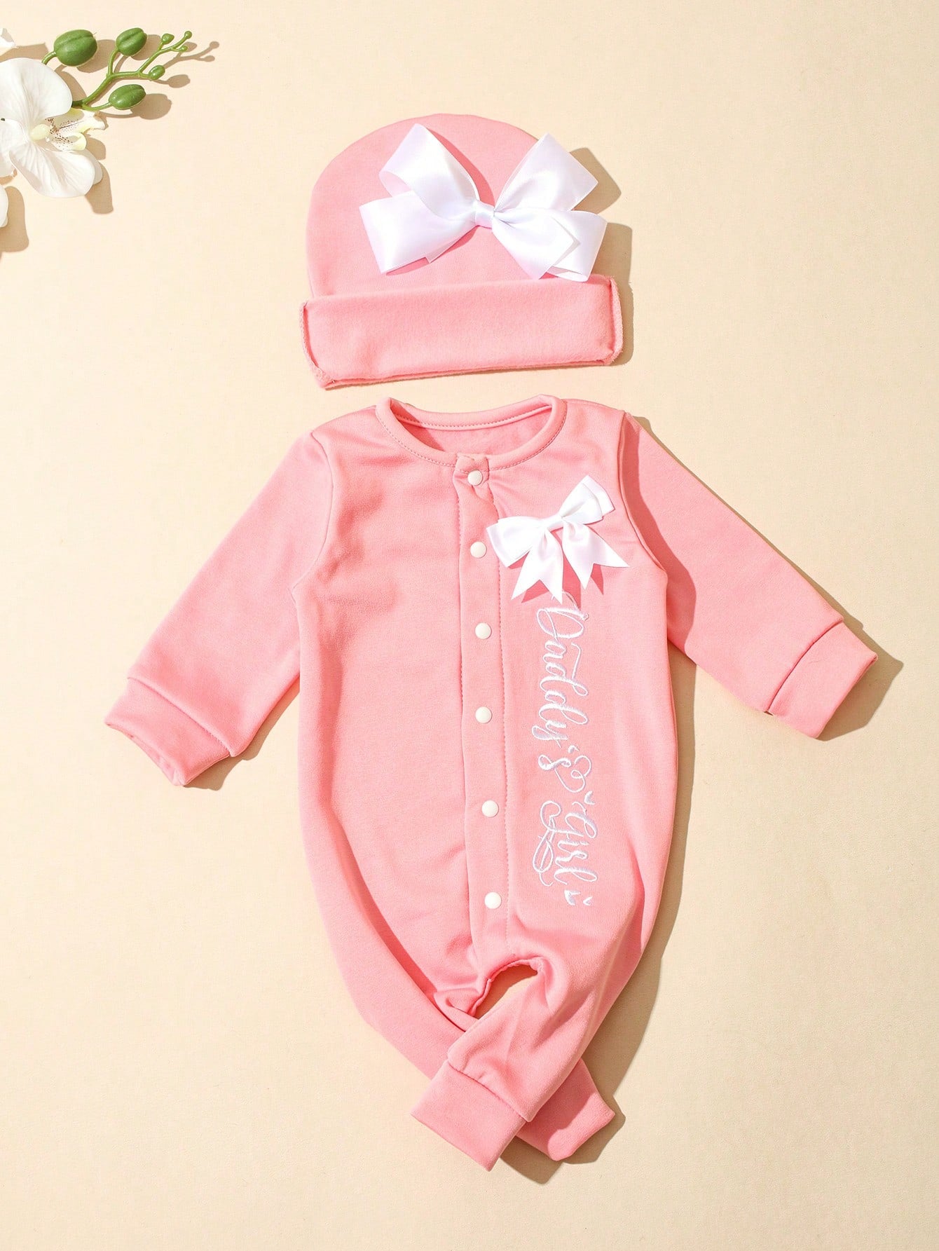 2Pcs Set Newborn Baby Girl Photography Romper Embroidery Jumpsuit With Ribbon Bowknot Hat Pink Autumn Funny Graphic Family Matching Christening Outfit