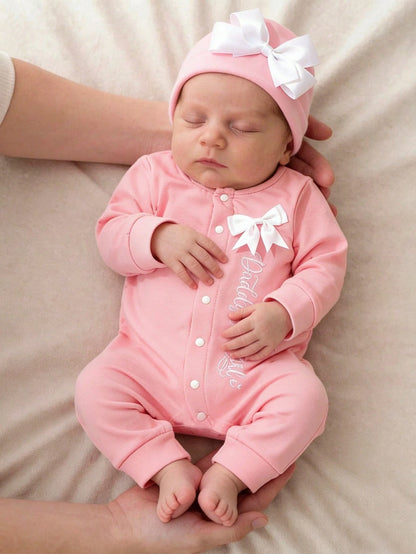 2Pcs Set Newborn Baby Girl Photography Romper Embroidery Jumpsuit With Ribbon Bowknot Hat Pink Autumn Funny Graphic Family Matching Christening Outfit