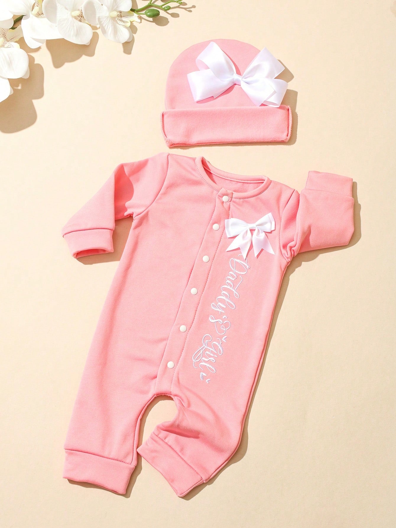 2Pcs Set Newborn Baby Girl Photography Romper Embroidery Jumpsuit With Ribbon Bowknot Hat Pink Autumn Funny Graphic Family Matching Christening Outfit