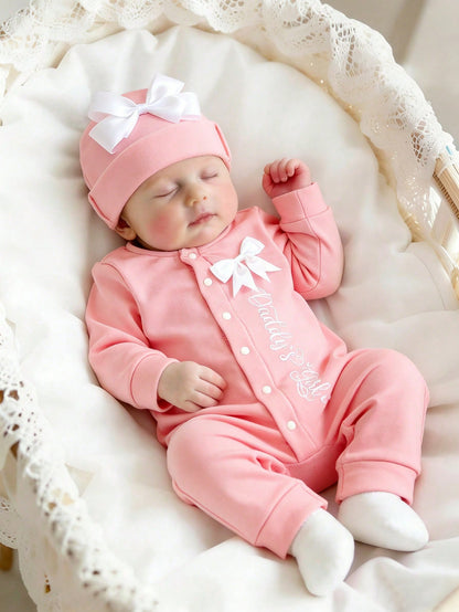2Pcs Set Newborn Baby Girl Photography Romper Embroidery Jumpsuit With Ribbon Bowknot Hat Pink Autumn Funny Graphic Family Matching Christening Outfit