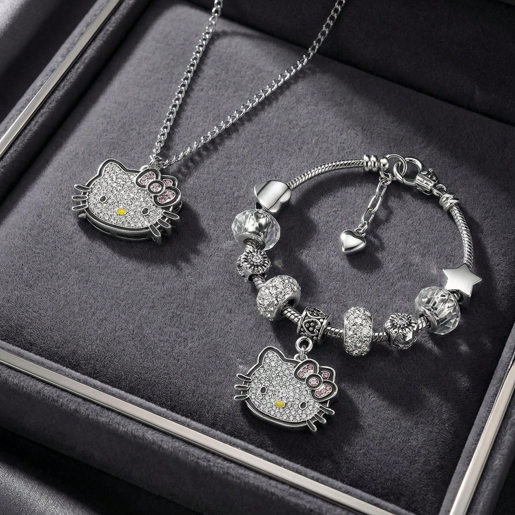 2pcs/Set Sanrio Hello Kitty Cartoon Necklace & Bracelet Party Gift Jewelry, Zinc Alloy Bracelet With Sparkling Crystal, Suitable For Daily Wear And Gifting