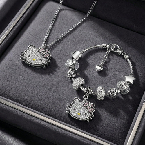 2pcs/Set Sanrio Hello Kitty Cartoon Necklace & Bracelet Party Gift Jewelry, Zinc Alloy Bracelet With Sparkling Crystal, Suitable For Daily Wear And Gifting