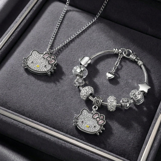 2pcs/Set Sanrio Hello Kitty Cartoon Necklace & Bracelet Party Gift Jewelry, Zinc Alloy Bracelet With Sparkling Crystal, Suitable For Daily Wear And Gifting