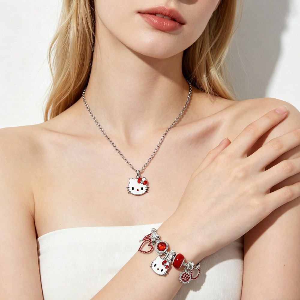 2pcs/Set Sanrio Hello Kitty Cartoon Necklace & Bracelet Party Gift Jewelry, Zinc Alloy Bracelet With Sparkling Crystal, Suitable For Daily Wear And Gifting