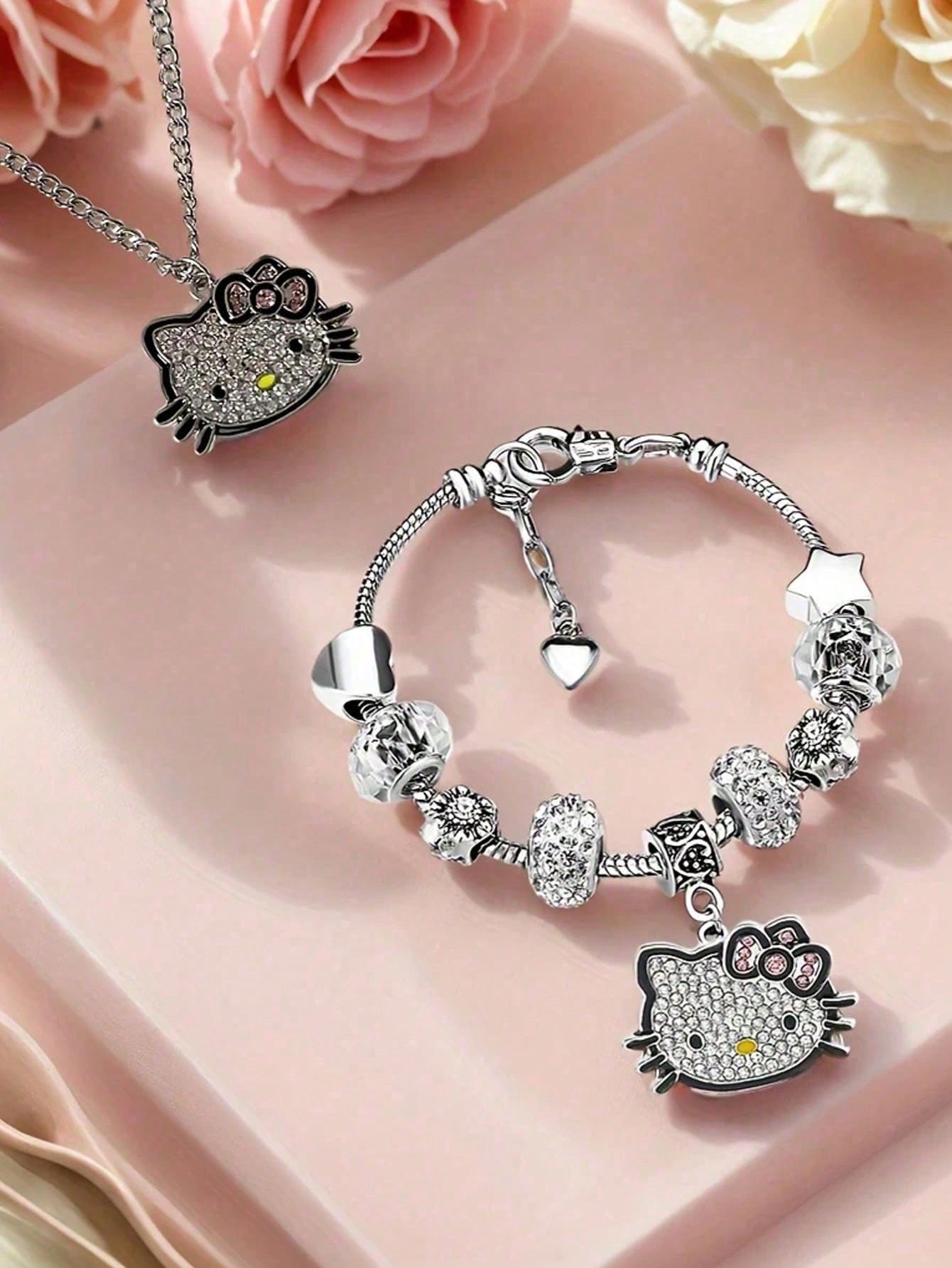 2pcs/Set Sanrio Hello Kitty Cartoon Necklace & Bracelet Party Gift Jewelry, Zinc Alloy Bracelet With Sparkling Crystal, Suitable For Daily Wear And Gifting