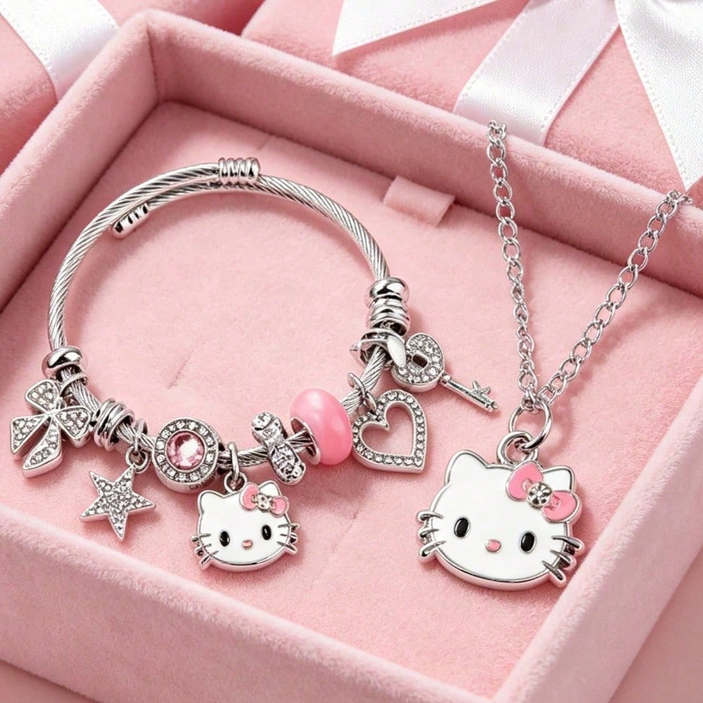 2pcs/Set Sanrio Hello Kitty Cartoon Necklace & Bracelet Party Gift Jewelry, Zinc Alloy Bracelet With Sparkling Crystal, Suitable For Daily Wear And Gifting