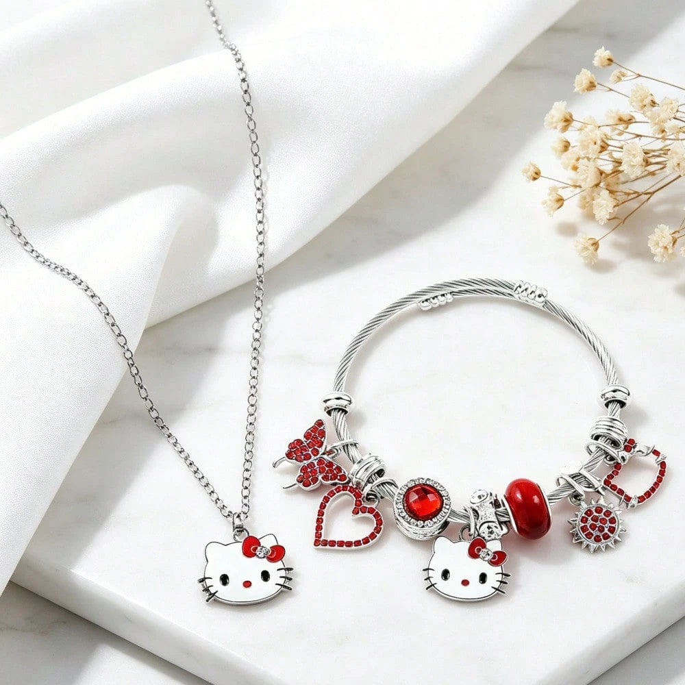 2pcs/Set Sanrio Hello Kitty Cartoon Necklace & Bracelet Party Gift Jewelry, Zinc Alloy Bracelet With Sparkling Crystal, Suitable For Daily Wear And Gifting
