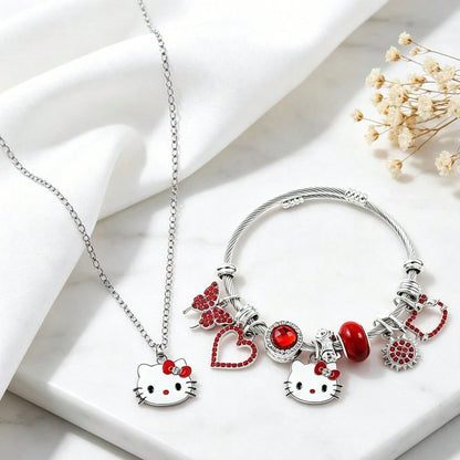 2pcs/Set Sanrio Hello Kitty Cartoon Necklace & Bracelet Party Gift Jewelry, Zinc Alloy Bracelet With Sparkling Crystal, Suitable For Daily Wear And Gifting
