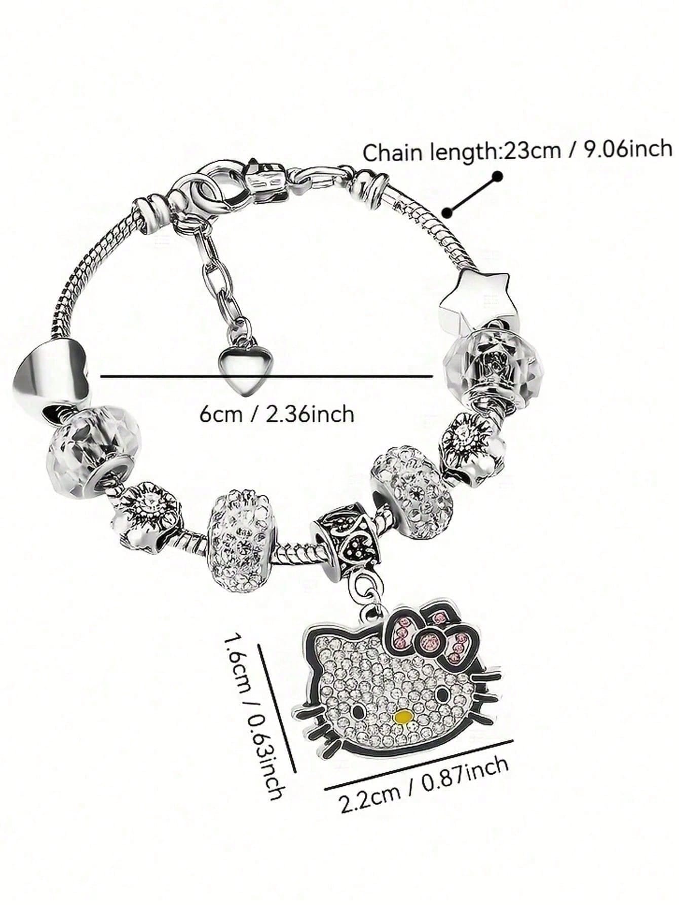 2pcs/Set Sanrio Hello Kitty Cartoon Necklace & Bracelet Party Gift Jewelry, Zinc Alloy Bracelet With Sparkling Crystal, Suitable For Daily Wear And Gifting