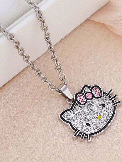 2pcs/Set Sanrio Hello Kitty Cartoon Necklace & Bracelet Party Gift Jewelry, Zinc Alloy Bracelet With Sparkling Crystal, Suitable For Daily Wear And Gifting