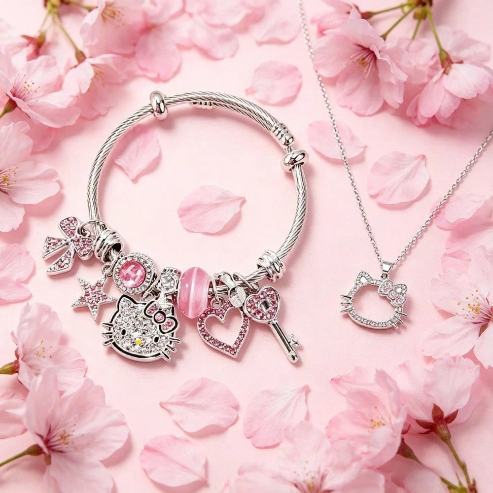2pcs/Set Sanrio Hello Kitty Cartoon Necklace & Bracelet Party Gift Jewelry, Zinc Alloy Bracelet With Sparkling Crystal, Suitable For Daily Wear And Gifting
