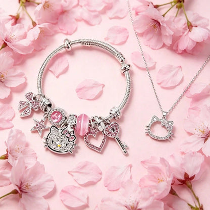 2pcs/Set Sanrio Hello Kitty Cartoon Necklace & Bracelet Party Gift Jewelry, Zinc Alloy Bracelet With Sparkling Crystal, Suitable For Daily Wear And Gifting