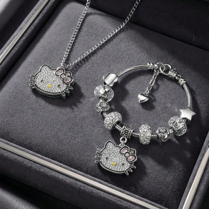 2pcs/Set Sanrio Hello Kitty Cartoon Necklace & Bracelet Party Gift Jewelry, Zinc Alloy Bracelet With Sparkling Crystal, Suitable For Daily Wear And Gifting