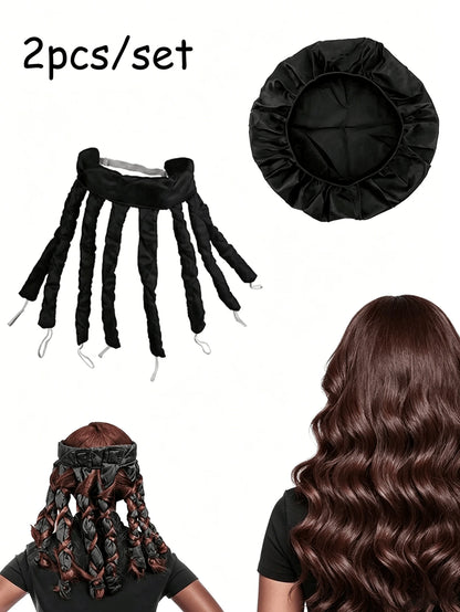 2pcs Set: Satin Heatless Hair Curler With Adjustable Headband, No Heat Required For Overnight Curls, Suitable For Women And Girls To Create Wavy Hairstyles; Extra Large Satin Sleep Cap, Sleep Cap, Lar