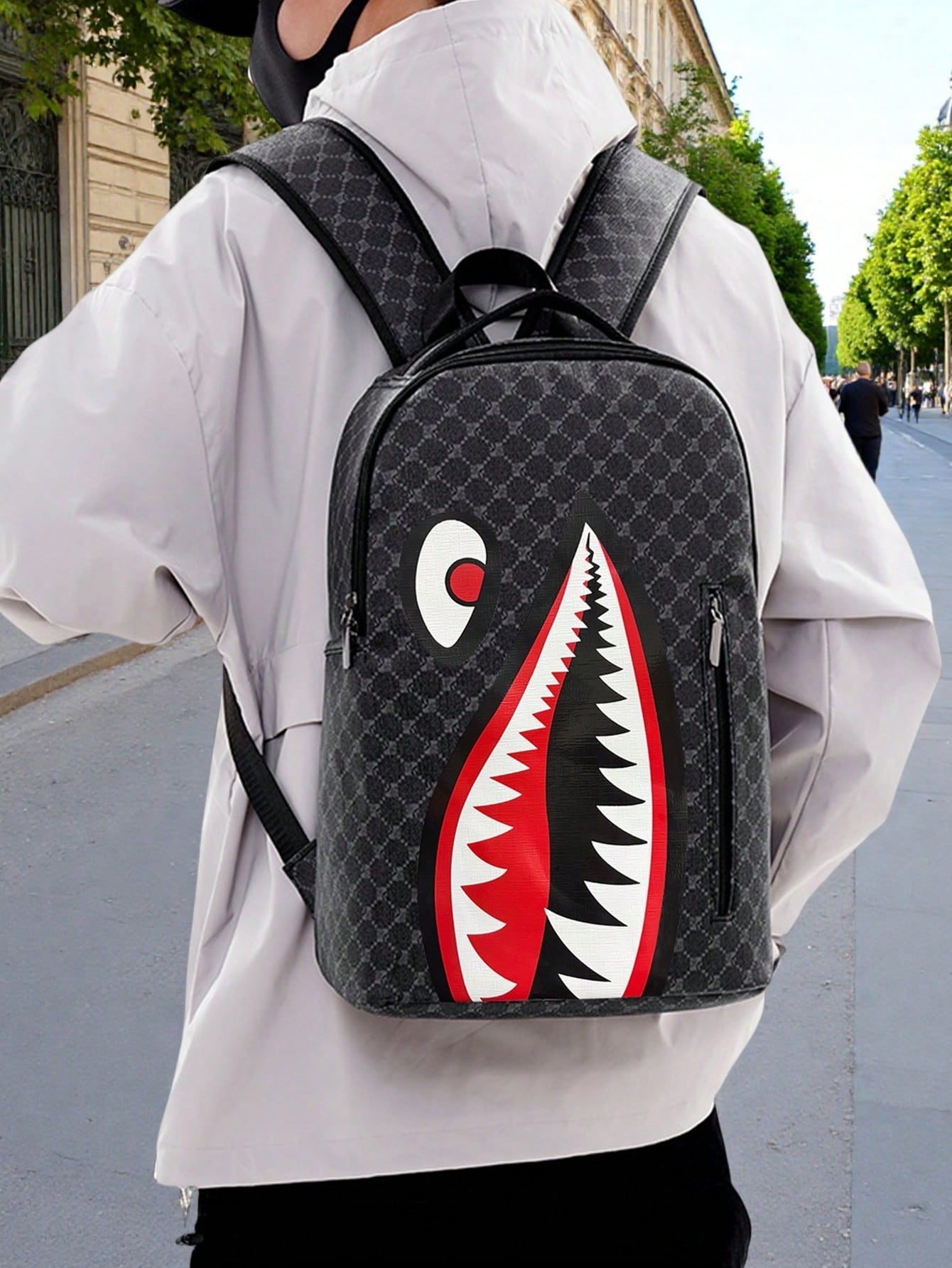2pcs/Set Shark Mouth Backpack & Crossbody Bag Combo, Vintage Monogram Backpack, Small Square Shoulder Bag, Oxford Fabric Small Backpack, Large Capacity Cool 2pcs/Set Combo, Back To School Gift For Men