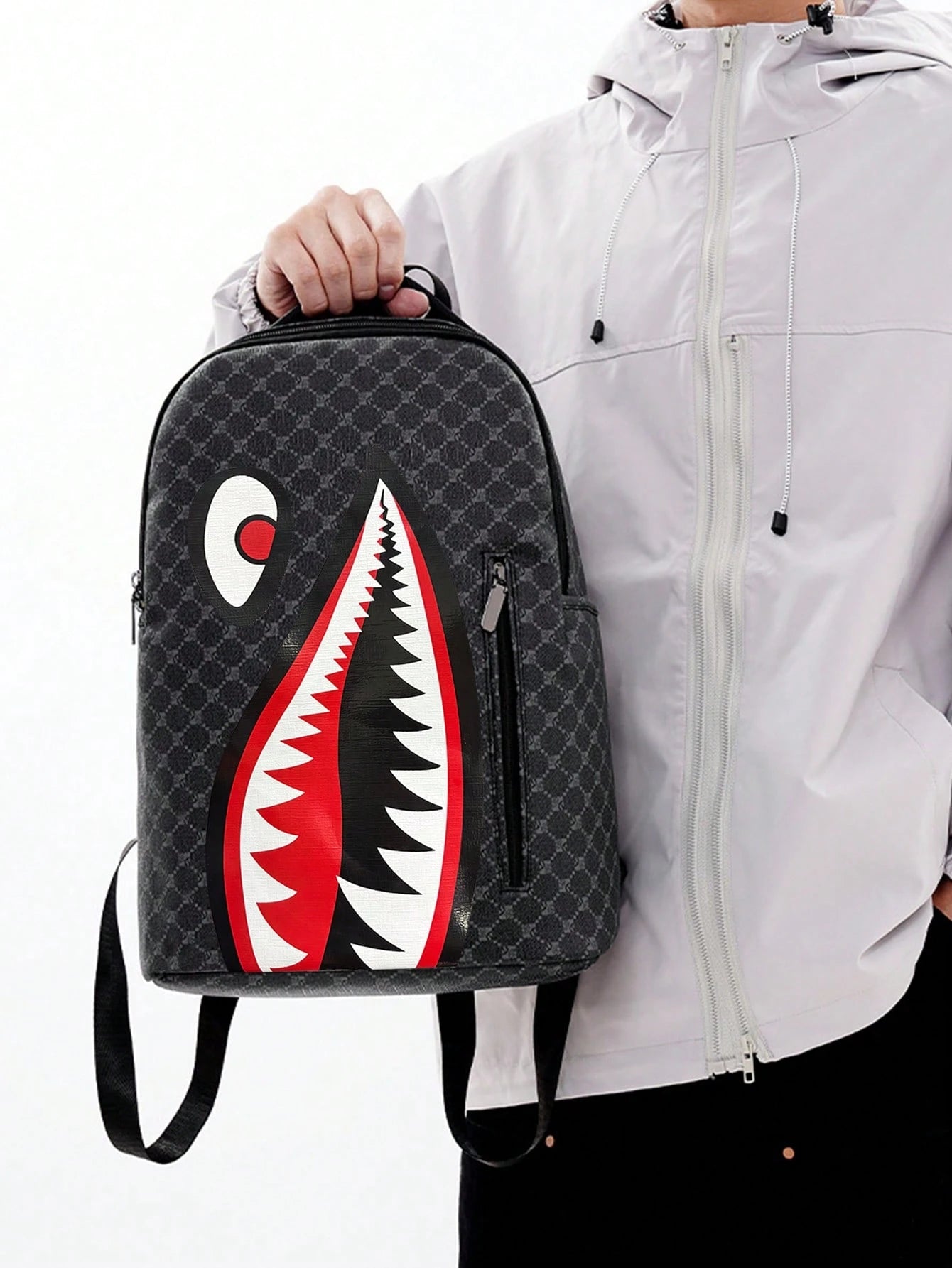 2pcs/Set Shark Mouth Backpack & Crossbody Bag Combo, Vintage Monogram Backpack, Small Square Shoulder Bag, Oxford Fabric Small Backpack, Large Capacity Cool 2pcs/Set Combo, Back To School Gift For Men