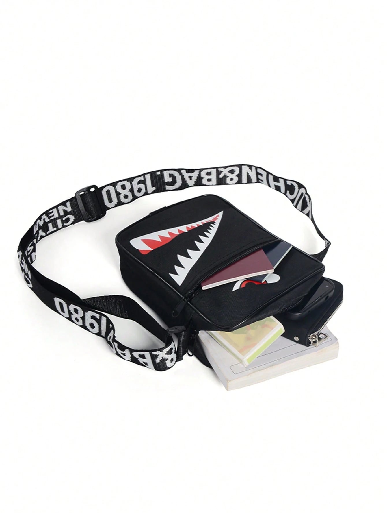 2pcs/Set Shark Mouth Backpack & Crossbody Bag Combo, Vintage Monogram Backpack, Small Square Shoulder Bag, Oxford Fabric Small Backpack, Large Capacity Cool 2pcs/Set Combo, Back To School Gift For Men