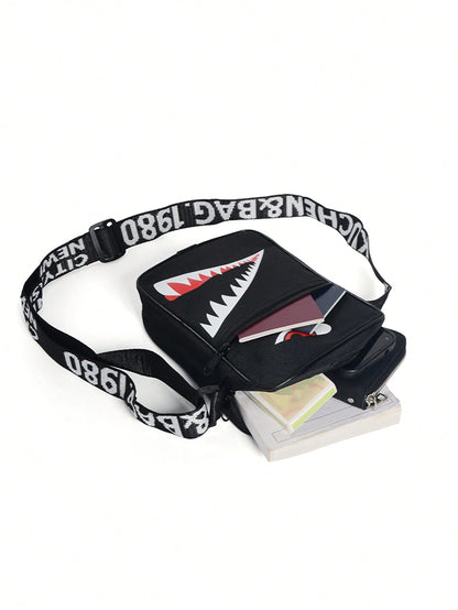 2pcs/Set Shark Mouth Backpack & Crossbody Bag Combo, Vintage Monogram Backpack, Small Square Shoulder Bag, Oxford Fabric Small Backpack, Large Capacity Cool 2pcs/Set Combo, Back To School Gift For Men