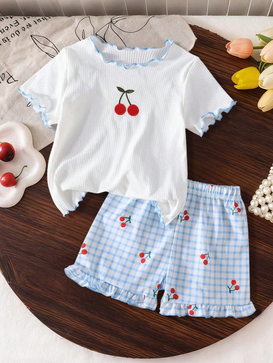 2pcs/Set- Suitable For Spring/Summer- Baby Girls Cherry Print 2-Piece Set: Sweet Round Neck Short Sleeve Top + Red Trim Bell-Bottom Pants, Adorable INS Style Fashionable Outfit For Baby Girl, 0-1-2