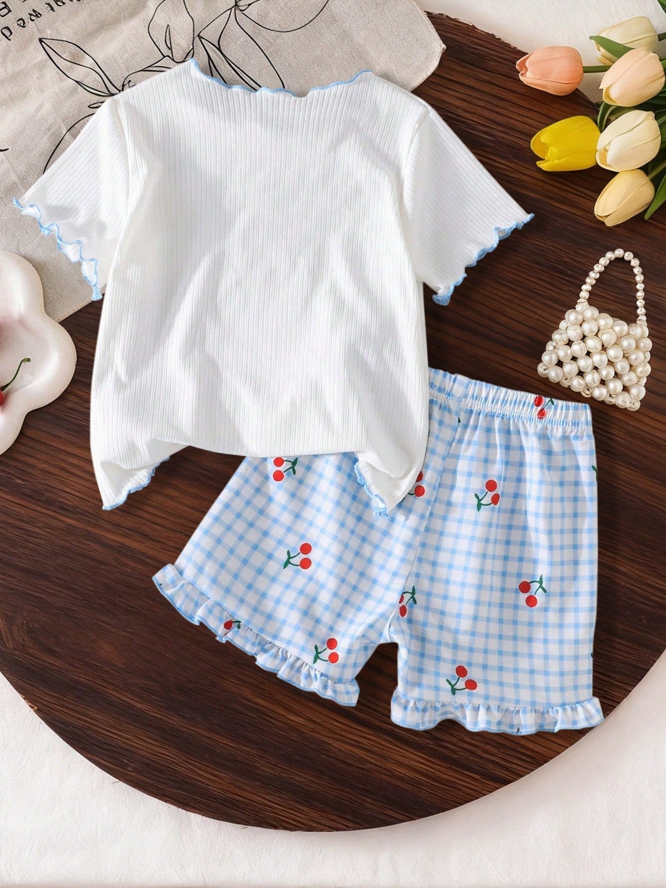 2pcs/Set- Suitable For Spring/Summer- Baby Girls Cherry Print 2-Piece Set: Sweet Round Neck Short Sleeve Top + Red Trim Bell-Bottom Pants, Adorable INS Style Fashionable Outfit For Baby Girl, 0-1-2