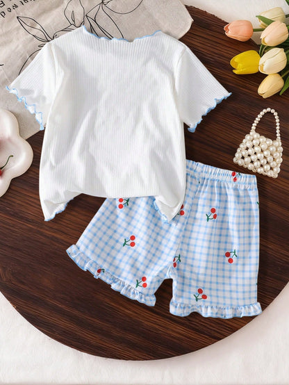 2pcs/Set- Suitable For Spring/Summer- Baby Girls Cherry Print 2-Piece Set: Sweet Round Neck Short Sleeve Top + Red Trim Bell-Bottom Pants, Adorable INS Style Fashionable Outfit For Baby Girl, 0-1-2