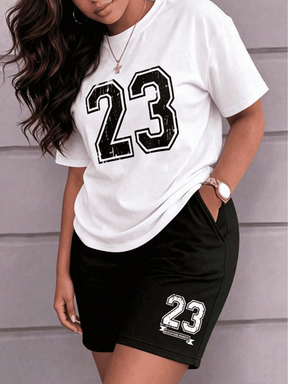 2pcs/Set Women's Casual Colorblock #23 Graphic Print Round Neck Short Sleeve T-Shirt And High Waist Loose Straight Shorts Black Summer