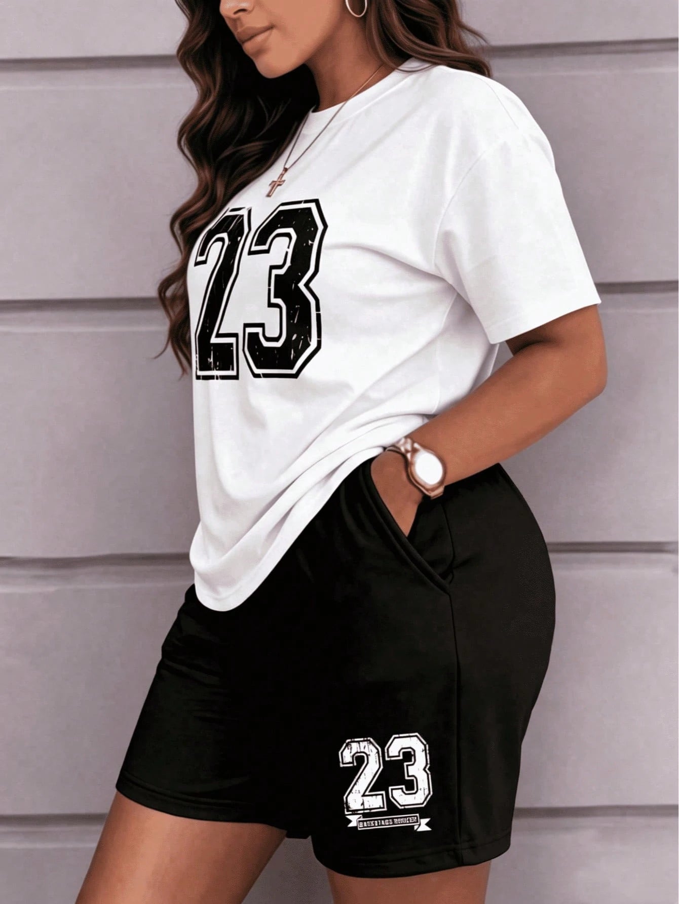 2pcs/Set Women's Casual Colorblock #23 Graphic Print Round Neck Short Sleeve T-Shirt And High Waist Loose Straight Shorts Black Summer