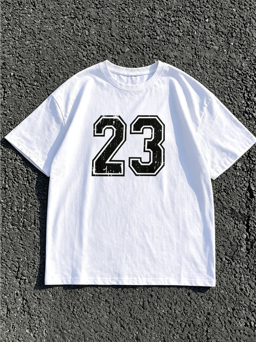 2pcs/Set Women's Casual Colorblock #23 Graphic Print Round Neck Short Sleeve T-Shirt And High Waist Loose Straight Shorts Black Summer