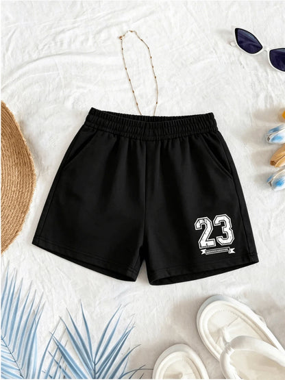 2pcs/Set Women's Casual Colorblock #23 Graphic Print Round Neck Short Sleeve T-Shirt And High Waist Loose Straight Shorts Black Summer