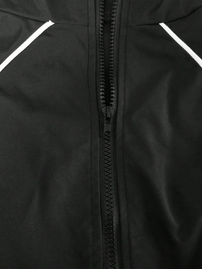 2pcs/Set Women's Fashion Contrast Striped Zip-Up Top Paired With Elastic Waist Drawstring Wide Leg Sports Shorts, 2pcs Casual Suit, Black, Spring/Summer Elegant