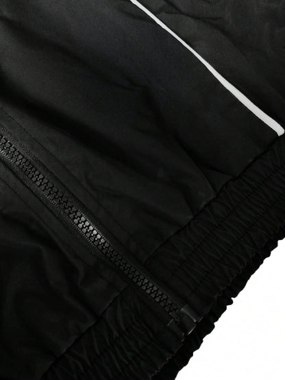 2pcs/Set Women's Fashion Contrast Striped Zip-Up Top Paired With Elastic Waist Drawstring Wide Leg Sports Shorts, 2pcs Casual Suit, Black, Spring/Summer Elegant