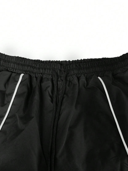 2pcs/Set Women's Fashion Contrast Striped Zip-Up Top Paired With Elastic Waist Drawstring Wide Leg Sports Shorts, 2pcs Casual Suit, Black, Spring/Summer Elegant