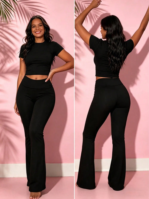 2pcs Sets Women Outfits, A New Casual Set For Women Featuring Long-Sleeved Solid Color Tops And Wide-Leg Pants, Perfect For Spring And Summer