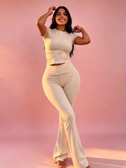 2pcs Sets Women Outfits, A New Casual Set For Women Featuring Long-Sleeved Solid Color Tops And Wide-Leg Pants, Perfect For Spring And Summer