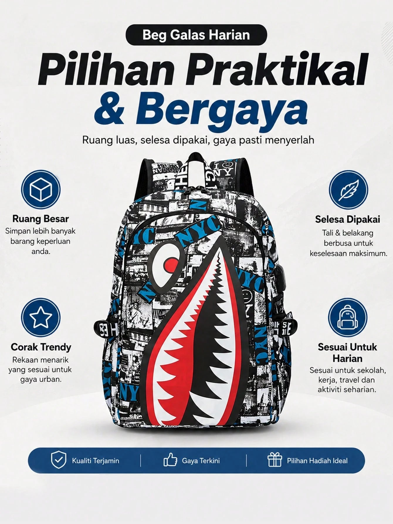 2pcs Shark Backpack + Chest Bag Set, Large Capacity Oversized Backpack, Personalized Full-Screen Print School Bag, Suitable For School, Travel, Vacation, Oxford Fabric Material, Back To School College