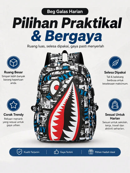 2pcs Shark Backpack + Chest Bag Set, Large Capacity Oversized Backpack, Personalized Full-Screen Print School Bag, Suitable For School, Travel, Vacation, Oxford Fabric Material, Back To School College