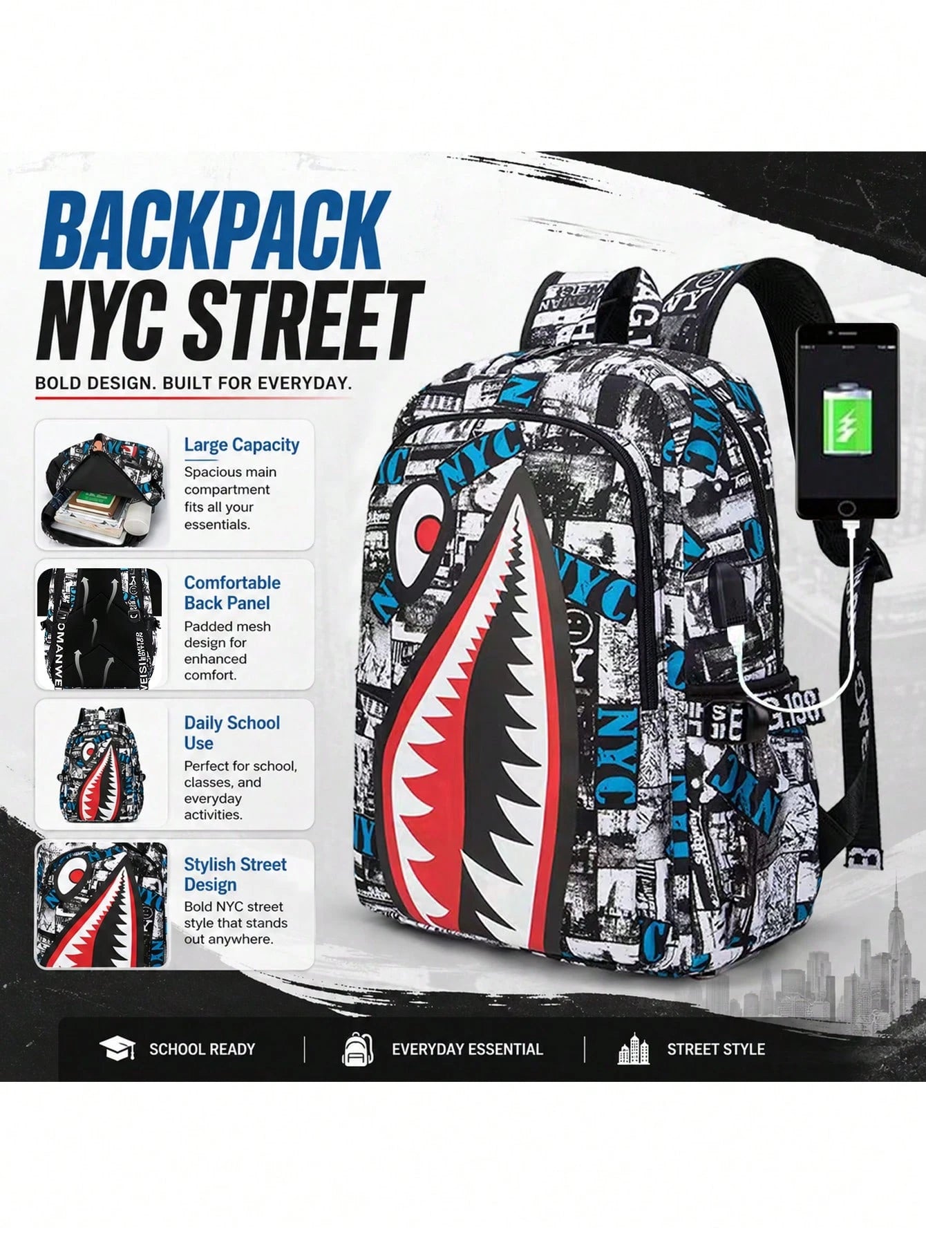 2pcs Shark Backpack + Chest Bag Set, Large Capacity Oversized Backpack, Personalized Full-Screen Print School Bag, Suitable For School, Travel, Vacation, Oxford Fabric Material, Back To School College