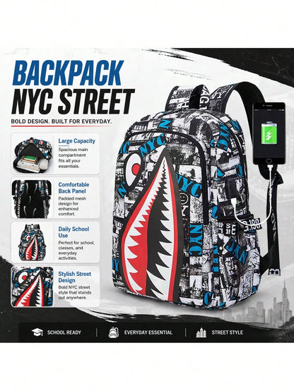 2pcs Shark Backpack + Chest Bag Set, Large Capacity Oversized Backpack, Personalized Full-Screen Print School Bag, Suitable For School, Travel, Vacation, Oxford Fabric Material, Back To School College